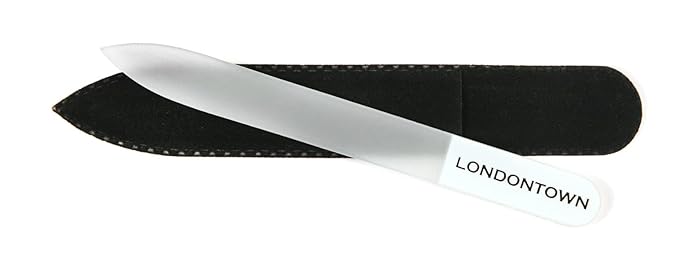 LONDONTOWN White Double-Sided Glass Nail File & Care Tool, Professional Grit Etched Crystal Manicure Accessory with Case Pouch