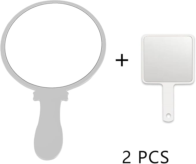 Hand Mirror, 2 Pcs Portable Hand Mirrors with Handle, See Back of Head Haircut Personal Handheld Travel Small Ladies' Makeup Eyelash Mirrors (White, 5.91" L x 9.84" W (Round))
