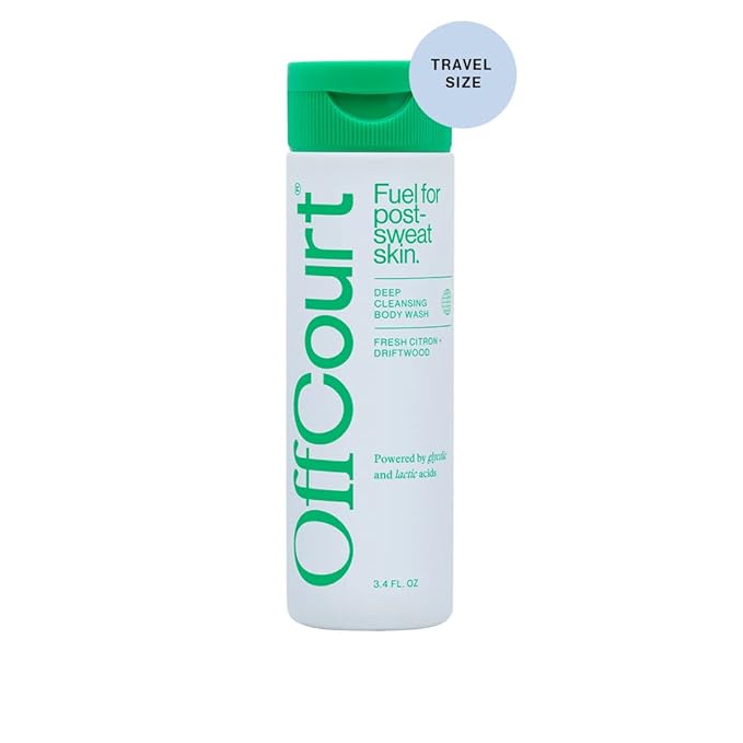 OffCourt Sulfate-Free Body Wash for Men & Women - Non-Drying Exfoliator with Glycolic & Lactic Acids Leaves Skin Fresh & Smooth with Fresh Citrus and Driftwood Scent, 3.4 Fl. Oz (Pack of 1)