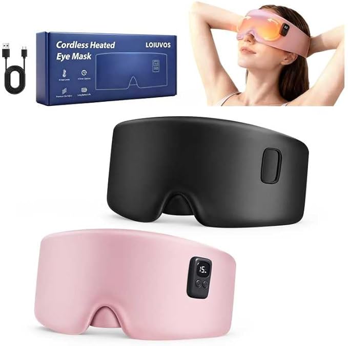 Heated Eye Mask for Dry Eyes, Cordless Warm Eye Compress 120-Min Battery, FSA - HSA Eligible, Eye Strain Relief, Washable Silk Travel Eye Mask with Extra Cover for Better Sleep (Pink & Black)