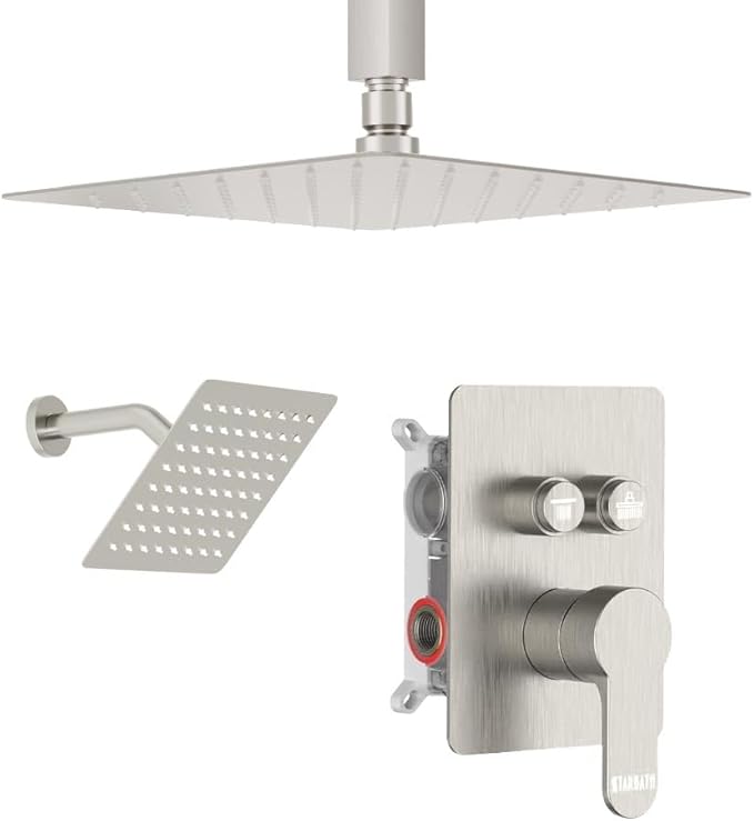 Shower Faucets Sets Shower System Brushed Nickel, STARBATH 12" Ceiling Mount Rain Showerhead and 8" Wall Mounted Rainfall Shower for Couples, On Off Button Valve Dual Head Shower Systems Complete