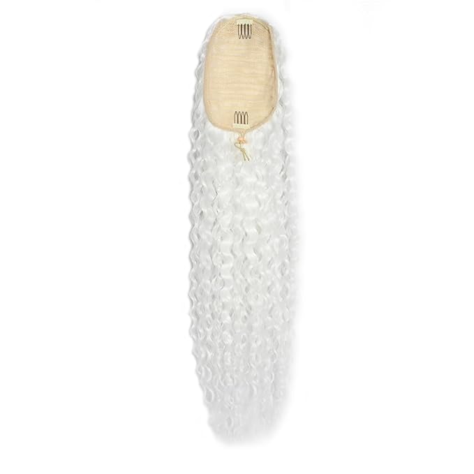 Deep Wave Ponytail Extension for Women 24 Inch White Curly Wavy Ponytail Hair Extensions Drawstring with Clips Short Synthetic Hairpiece for Daily and Party