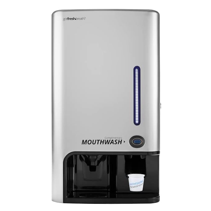 GotFreshBreath Commercial Mouthwash Dispenser with Cup Holder – Standing or Wall-Mounted, Slim, Commercial Mouthwash Dispenser with 100 Cups & 50 Oz. Alcohol-Free Mouthwash (Nickel)…