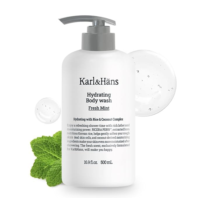 Karl&Hans Hydrating Body Wash – Refreshing Cleanser with Coconut-Derived Moisturizers, RICERA PDRN & Ceramide Complex, Pump Dispenser for Daily Ease (Fresh Mint)