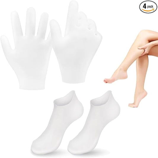 2 Pairs Silicone Moisturizing Glove Socks Set for Dry Cracked Feet and Hands, Anti Slip Spa Socks Women Gel Pedicure Socks for Foot Hand Softening Foot Care After Pedicure (White)