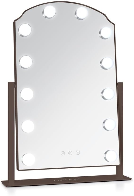 Zadro Scalloped Edge Hollywood LED Vanity Mirror, 12 Dimmable Bulbs, 3 Color Temperatures, 360° Rotation, Angle-Adjustable Tilt, USB-C Plug-in, Large 12" x 19", 1X Viewing Area (Chocolate)