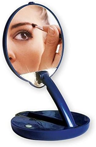 Floxite 15X mag magnification compact mirror with light, LED magnifying handheld lighted travel folding makeup mirror, Tabletop mount, Portable, Small hand pocket, Desk, Vanity, Round Glass