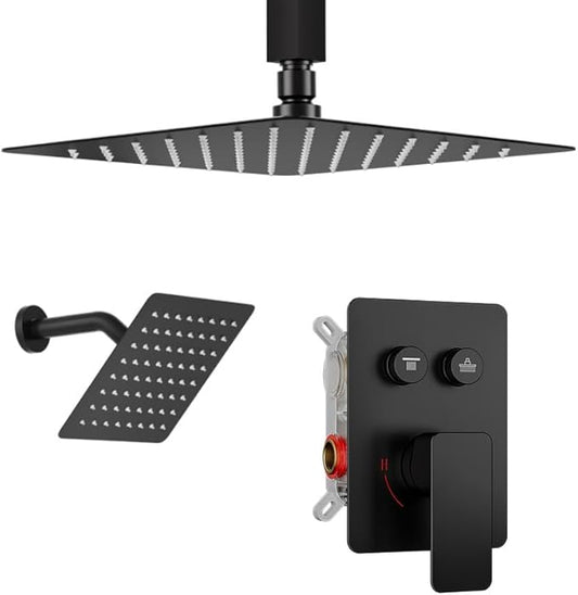 Shower Faucet Set Matte Black Shower System, STARBATH 10" Ceiling Mount Rain Showerhead and 6" Wall Mounted Rainfall Shower for Couples, On Off Button Valve Dual Head Shower Systems Complete