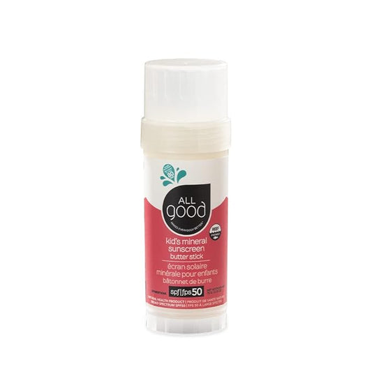 All Good Baby & Kids Mineral Sunscreen Butter Stick for Face, Nose, Ears - UVA/UVB Broad Spectrum SPF 50, Coral Reef Friendly, Water Resistant, Zinc Oxide, Coconut Oil, Beeswax, Vitamin E (2.75 oz)
