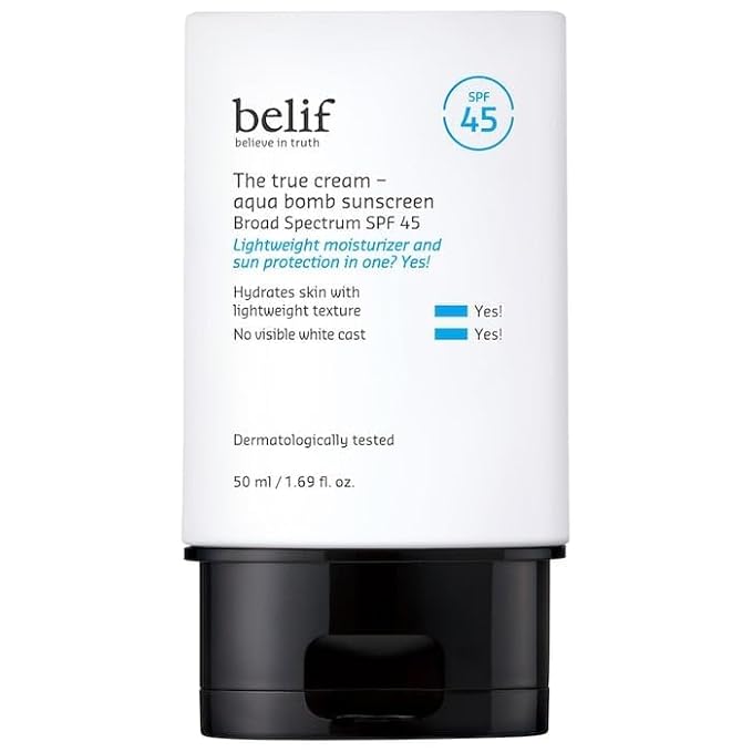 belif Aqua Bomb SPF 45 Hydrating Niacinamide Sunscreen (1.69 fl. oz) - The True Cream PA++++, Daily Broad Spectrum, No White Cast, Weightless & Invisible, Non-Greasy, Korean Skincare | Hydrating, Niacinamide, The True Cream, PA++++, Daily Broad Spectru...