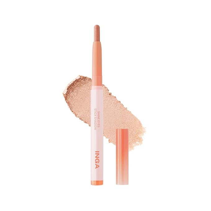 INGA Shine Eyes Stick Shadow - Creamy Shimmer Eyeshadow, Smudge-Proof, Easy-to-Blend, Long-Lasting Eye Makeup Stick with Precise Tip for Easy Application (Dew Peach)