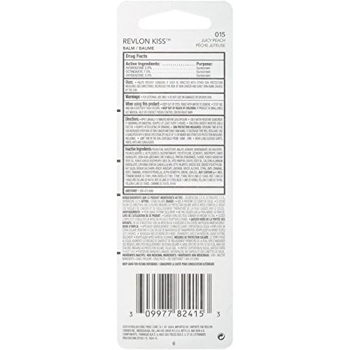 Revlon Kiss Tinted Lip Balm with SPF 20, Hydrating, Flavored, Infused with Natural Fruit Oils, 015 Juicy Peach, 0.09 oz