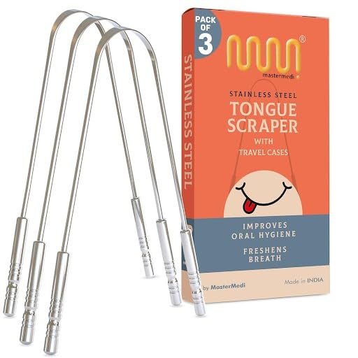 MasterMedi Tongue Scraper for Adults, 100% Stainless Steel Tongue Scrubber for Bad Breath, Easy to Use, Tongue Cleaner for Oral Care & Hygiene (SS Pack of 3)
