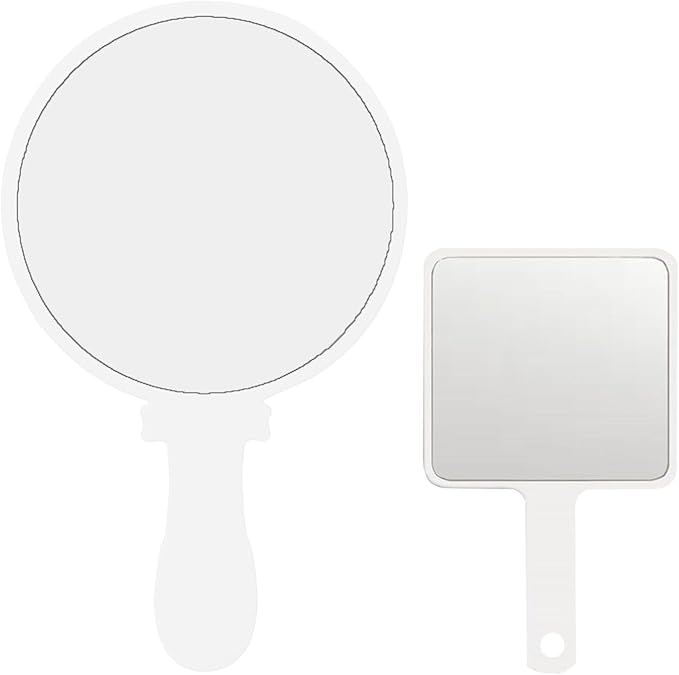 Hand Mirror, 2 Pcs Portable Hand Mirrors with Handle, See Back of Head Haircut Personal Handheld Travel Small Ladies' Makeup Eyelash Mirrors (White, 5.91" L x 9.84" W (Round))