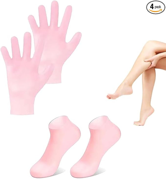 2 Pairs Silicone Moisturizing Glove Socks Set for Dry Cracked Feet and Hands, Anti Slip Spa Socks Women Gel Pedicure Socks for Foot Hand Softening Foot Care After Pedicure (Skin Color)