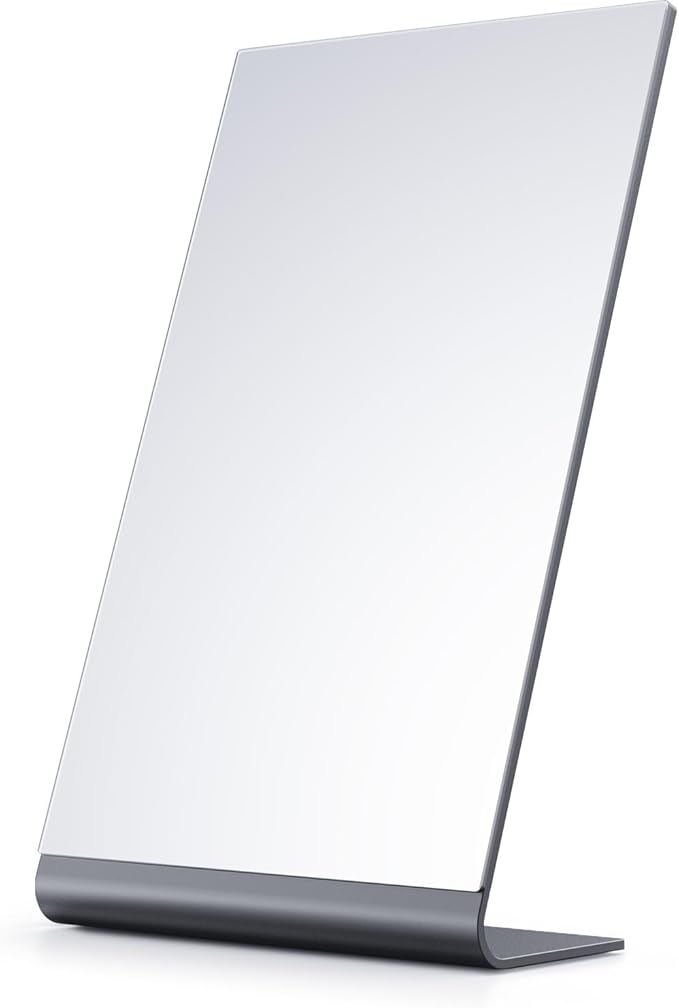12"x7" Frameless Makeup Mirror, True 1X Flat Vanity Mirror for Accurate Reflection, Free Standing on Bathroom Vanity, Dresser or Desk, Ideal for Makeup, Shaving & Gifts (Space Black)