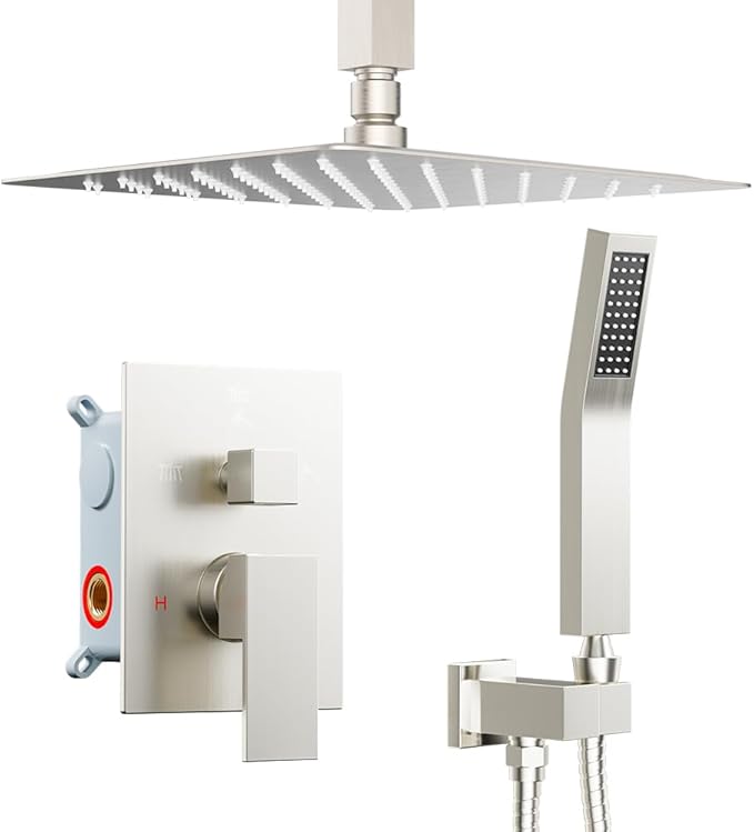 Shower Faucet Set Brushed Nickel Shower System, Starbath 12 Inch Rain Shower Head and Handheld Spray Shower Set Complete Ceiling Mounted,2 Way Pressure Balance Shower Valve and Trim Kit Included