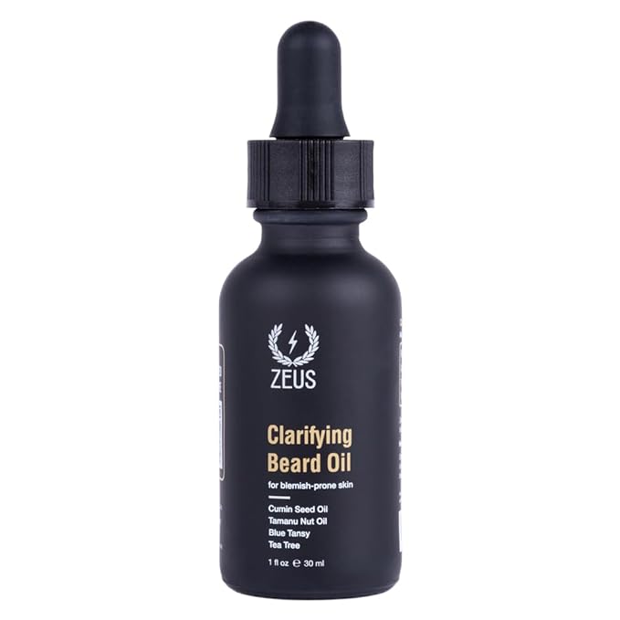 ZEUS Clarifying Beard Oil for Men, Hydrating Facial Hair Oil with Tea Tree for Sensitive Skin, Revitalizes, Treats Blemishes, Promotes Healthy Beard Growth (Made in USA) 1 fl. oz.