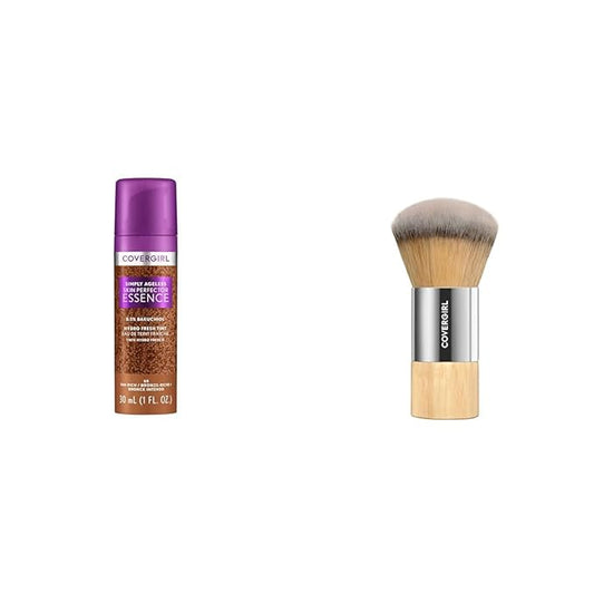 CoverGirl Simply Ageless 65 Tan-Rich Liquid Foundation Bundle with Blending Brush, Lightweight Vegan Formula for Dry Skin, 1oz