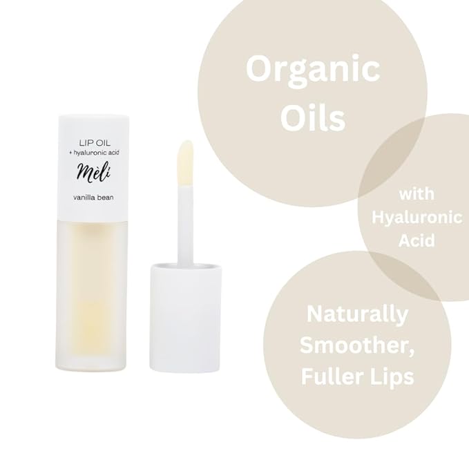 MÈLI Organic Lip Oil with Hyaluronic Acid | Clear Non-Sticky, Natural Lip Gloss, Moisturizing, Revitalizing and Rejuvenating (Vanilla Bean)