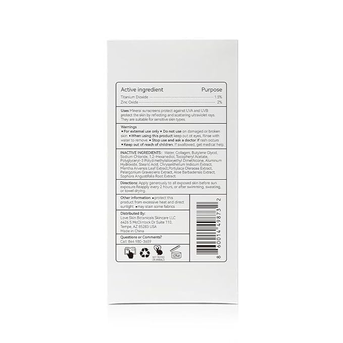 Love Skin Botanicals Collagen Mineral Sunscreen SPF 50 PA+++ – Clear-No Tint | 100% Mineral, Reef-Safe, Chemical-Free, Unscented, Daily Face Sunscreen