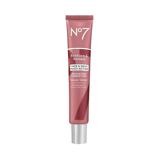 No7 Restore & Renew Multi Action Serum for Face & Neck - Anti Aging Serum for Neck Firming and Tightening - Infused with Hydrating Collagen Peptides & Hyaluronic Acid for Crepey Skin (1.69 Oz)