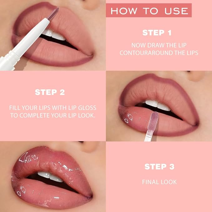 BINGBRUSH 2PCS Lip Gloss Set, Creamy 2-in-1 Lip Liner & Gloss Combo, Hydrating Lip Plumper Lifter, Easy-to-Apply Lip Tint for Daily, Work & Party, Women's Makeup