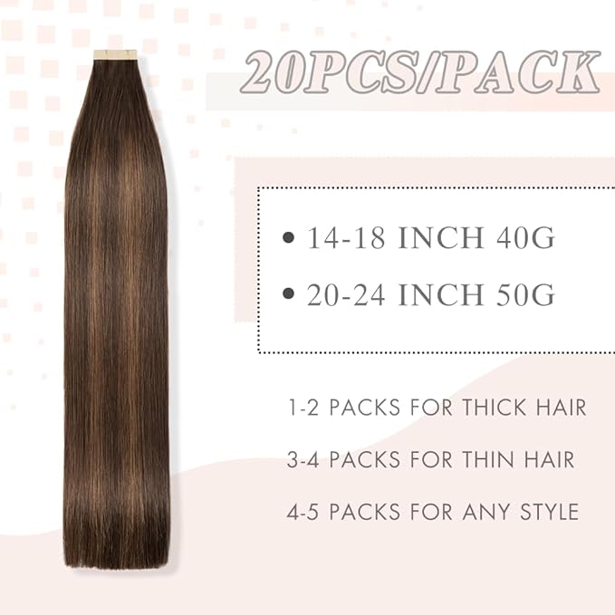 Tape in Hair Extensions Human Hair 20pcs Remy Hair Extensions 18 Inch Balayage Dark Brown Mixed Chestnut Brown Human Hair Tape in Extensions Skin Weft Tape Extensions Human Hair (2/2/6#,18 Inch)