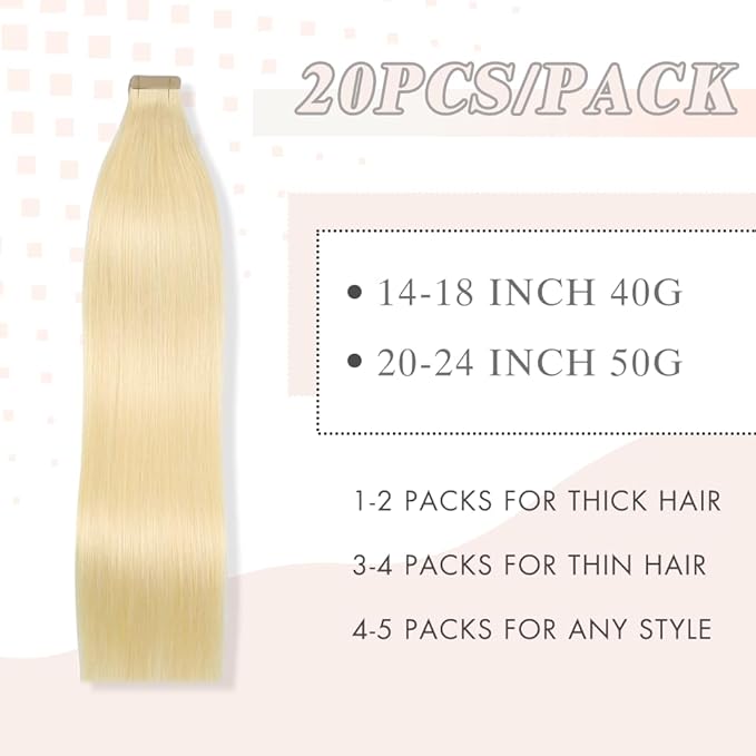 Tape in Hair Extensions Blonde Tape ins 16 Inch Hair Extensions Tape in Human Hair Extensions 20pcs Natural Hair Invisible Glue Platinum Blonde(60#,16 Inch)