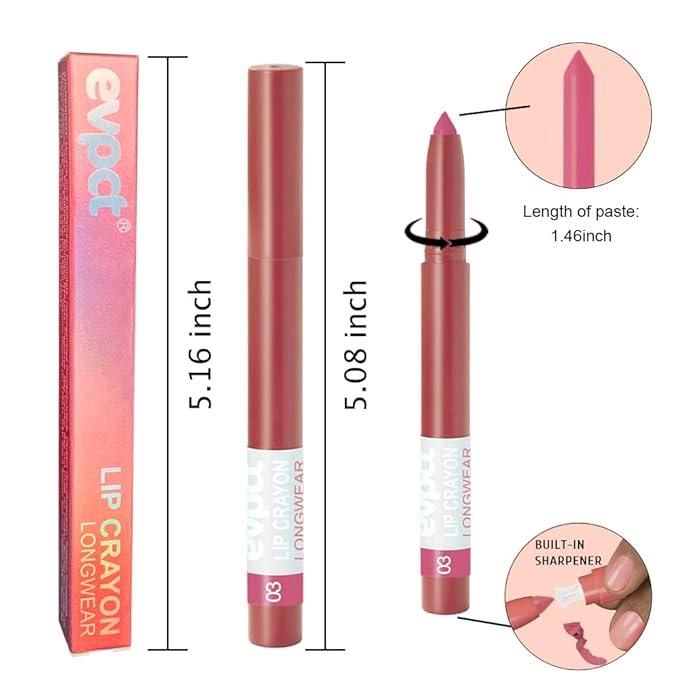 evpct Dusty Rose Lip Liner Crayon Pencils Set for Women, Purple Beige Matte Lip Stick Crayon Long Lasting, Lips Pencil Liner and Lipstick Set, Lipliner Pencil, 24 Hours Lipstick, Built-in Sharpener 03