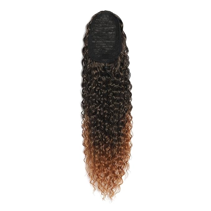 Deep Wave Ponytail Extension for Women 24 Inch Black to Brown Curly Wavy Ponytail Hair Extensions Drawstring with Clips Short Synthetic Hairpiece for Daily and Party