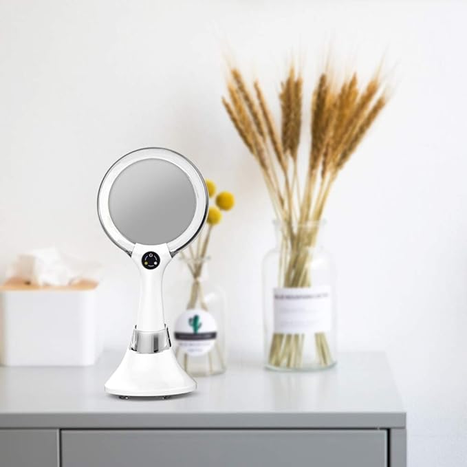 Starlite Handheld Rechargeable Lighted Makeup Mirror with Stand, 1X/5X Magnification, Dual Sided & Vanity Mirror with Bright and Warm Light, Cordless Rechargeable Mirror (White Colour)