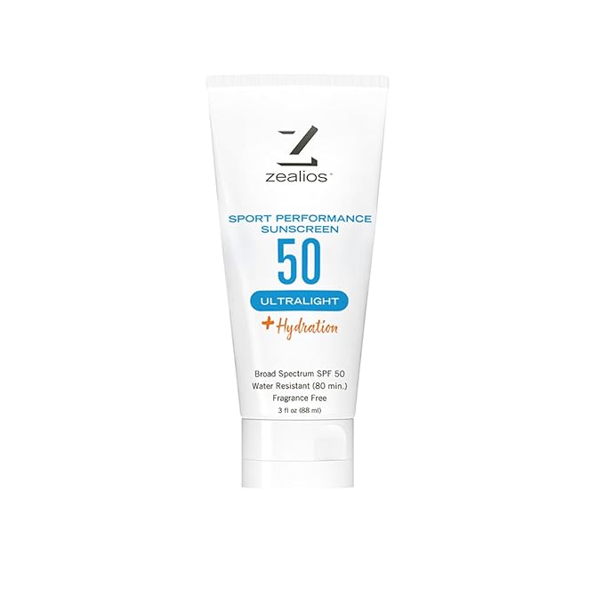 Zealios Sport Performance Ultralight SPF 50 Sunscreen +Hydration, 3 oz Tube, Broad Spectrum, Water & Sweat Resistant (80 min) Non-Greasy, Fragrance-Free Lotion for Swimming, Running & Cycling