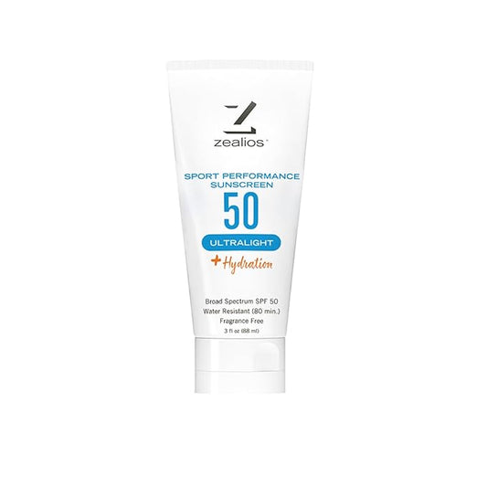 Zealios Sport Performance Ultralight SPF 50 Sunscreen +Hydration, 3 oz Tube, Broad Spectrum, Water & Sweat Resistant (80 min) Non-Greasy, Fragrance-Free Lotion for Swimming, Running & Cycling