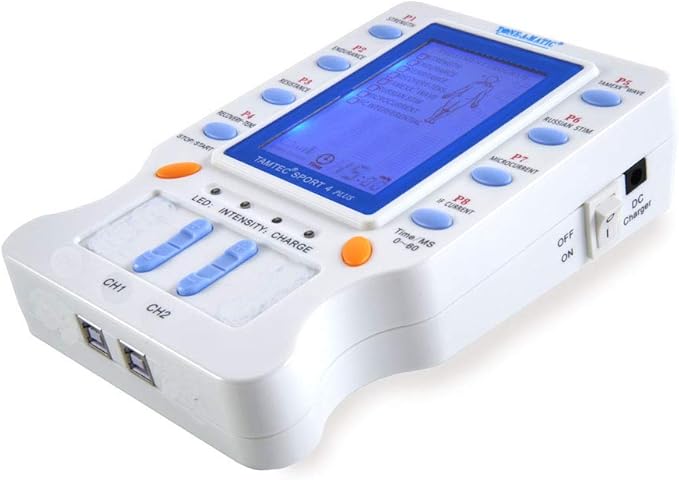 Electric Muscle Stimulator EMS TENS & Interferential Therapy Unit - 8 Programs, 12 Adhesive Electrodes TAMTEC Sport 2 Plus with TENS, EMS, ARP, IFC interferential Current, Microcurrent, Russian Stim