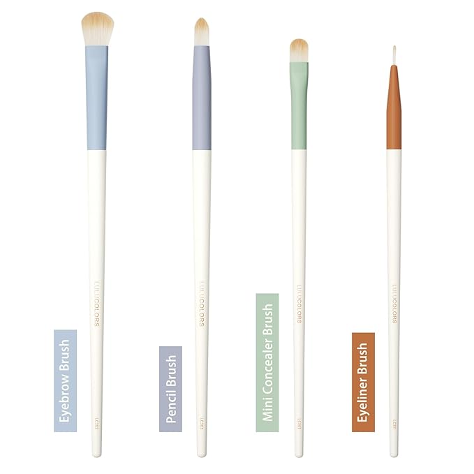 LULUCOLORS 4-pcs Eye Makeup Brush Set with Eyelash Curler-Soft Synthetic Bristles for Precision Application-Includes Eyebrow, Pencil, Mini Concealer & Eyeliner Brushes with Travel Pouch