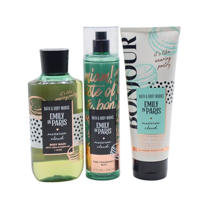 Bath & Body Works Emily in Paris MACARON CLOUD 3pc Bundle Gift Set with a Red Bow for Holidays - Mist, Body Cream, Shower Gel - Full Size
