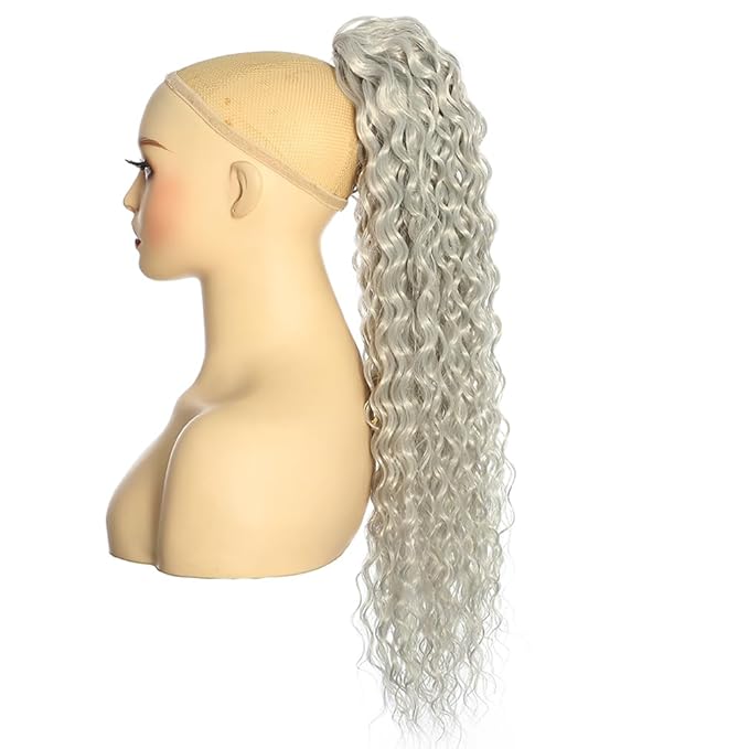 Deep Wave Ponytail Extension for Women 24 Inch Gray Curly Wavy Ponytail Hair Extensions Drawstring with Clips Short Synthetic Hairpiece for Daily and Party
