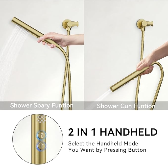 Shower Systems STARBATH 12+6" Round Dual Rainfall Shower Head with Handheld Spray for Two People, Wall Mounted 3 Way Rain Shower Faucet Sets Complete, Included Valve and Trim Kit, Brushed Gold