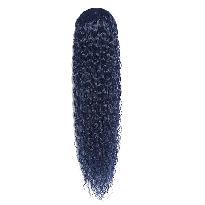 Deep Wave Ponytail Extension for Women 12 Inch Dark Blue Curly Wavy Ponytail Hair Extensions Drawstring with Clips Short Synthetic Hairpiece for Daily and Party
