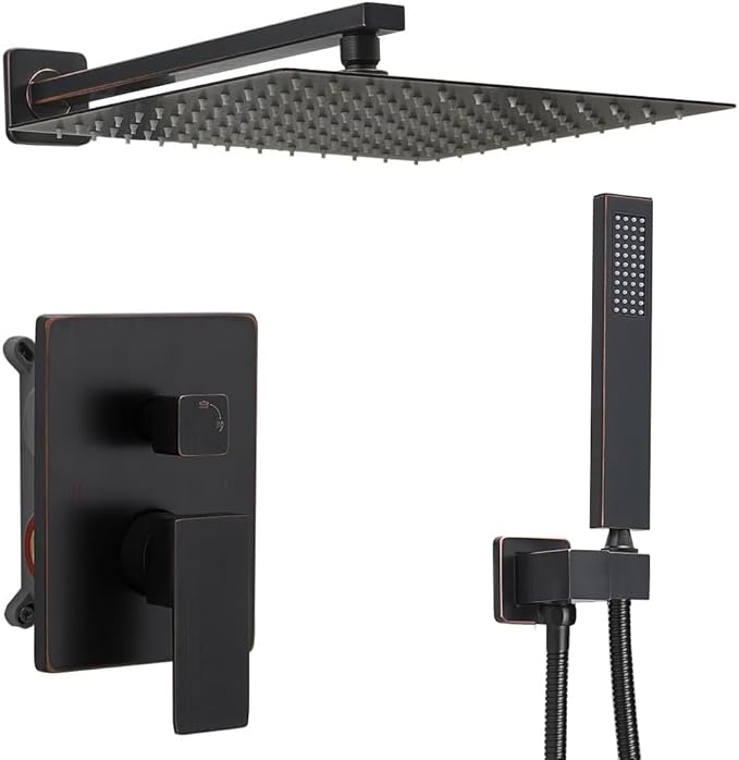 annazom Oil Rubbed Bronze rain Shower Faucet Set Shower System 12 Inches Square Shower Head with Handheld, Waterfall Showerhead, All Metal Shower Faucet Trim Repair Kits (Contain Shower Valve)