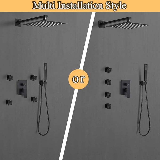 annazom Matte Black Shower Faucet Set with Body Jets 10 Inch Matte Black Shower Head Handheld Shower Combo Set High Pressure Wall Mount with Rough-in Valve