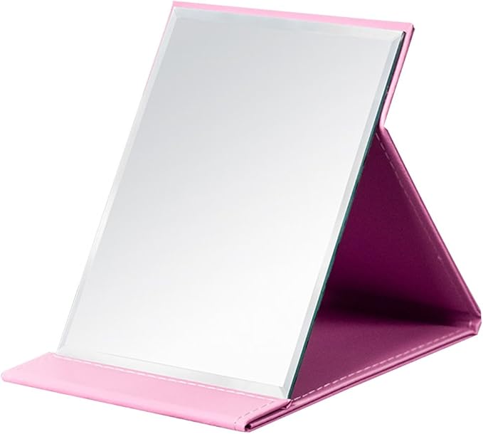 Protable PU Leather Mirror Folding Desktop Makeup Mirror with Adjustable Stand for Personal Use,Travelling (S, Pink)