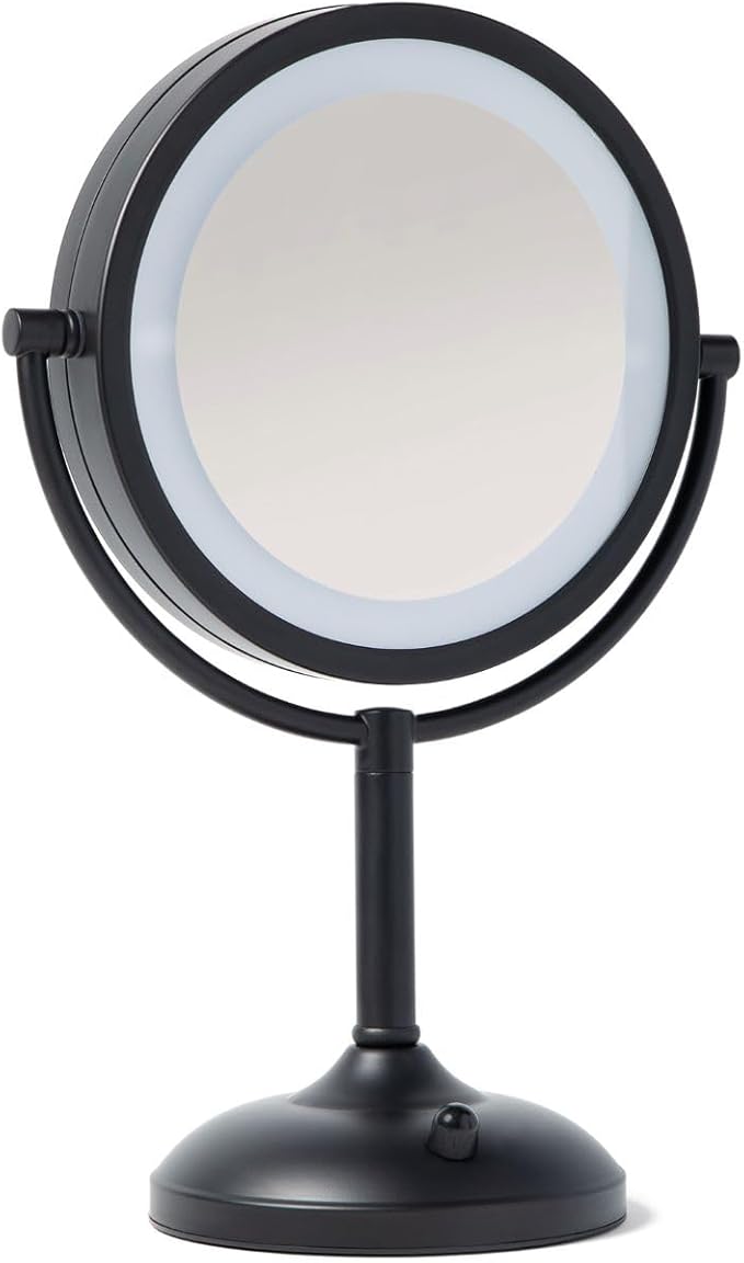 JERDON Lighted Tabletop Mirror with 10X/1X Magnification - Black Makeup Mirror with Multiple Light Settings - 8.5-Inch Diameter Vanity Mirror - Model JS8510BK