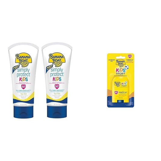 Banana Boat Kids Mineral Sunscreen Lotion SPF 50 Twin Pack and Sport Sunscreen Stick SPF 50 Travel Size