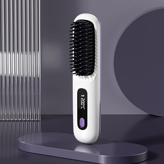 Go Brush Pro 2025 Cordless Hair Straightener Brush – 3 Heat Settings, USB Rechargeable, 2-in-3 Straightener & Curler, Ionic Anti-Static for All Hair Types (Black)