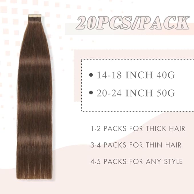 Tape in Hair Extensions Real Human Hair 24 Inch Darkest Brown Double Sided Tape for Skin Weft Hair Extension Invisible Tape in Hair Extensions Straight Remy Human Hair for Women 20pcs (4#,24 Inch)