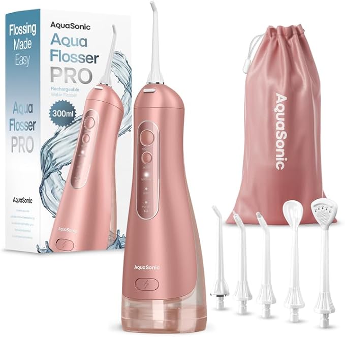 AquaSonic Aqua Flosser PRO - Rechargeable Cordless Water Flosser for Teeth, Gums & Tongue - Modern Design, 300ml Large Tank, 6 Jet Tips with Deluxe Tongue Nozzle, 3 Modes, Waterproof Rose Gold
