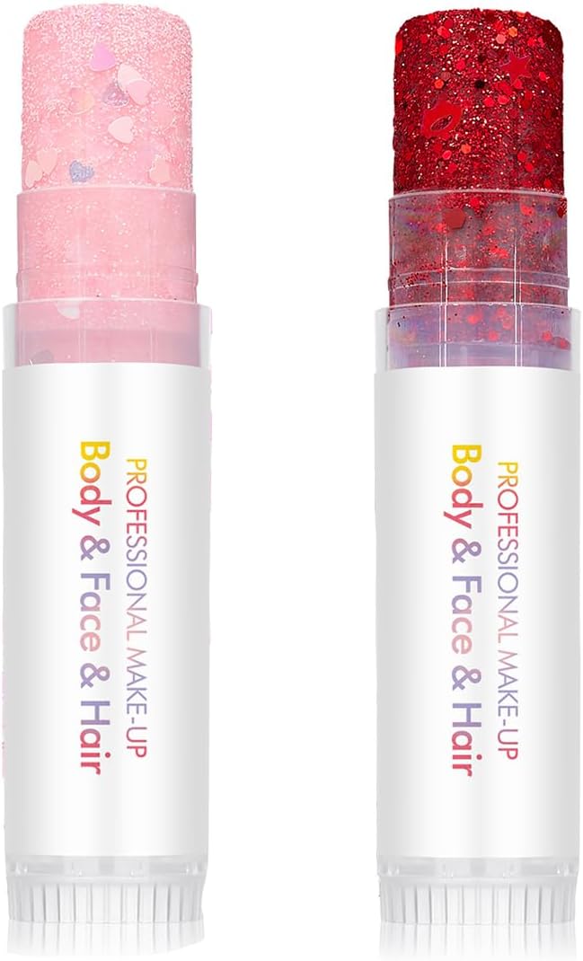 Valentine's Day Body Glitter Stick for Face, Body & Hair - Red & Pink Chunky Sparkle Glitter, Heart Design Face Gem 2 Pack | Long Lasting Party Makeup for Festival, Rave, Concert & Cosplay