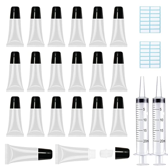 AMORIX 50PCS Lip Gloss Tubes 5ml Black Cap Lip Gloss Containers Empty Lip Balm Tubes Refillable Cosmetic Squeeze Lipgloss Tubes + 2 x 20ml Syringes Tag Labels for DIY Lip Gloss Base Glitter